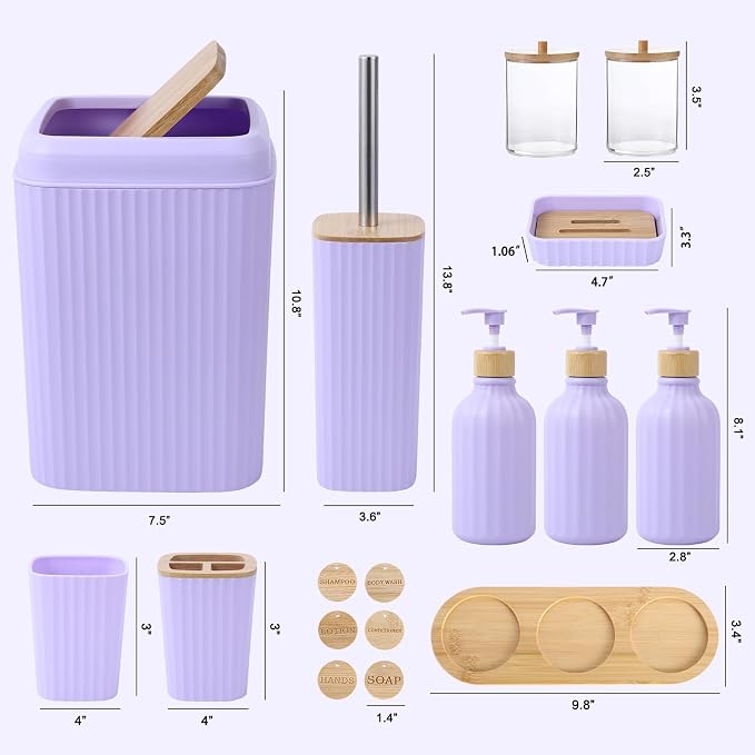 Light Purple Bathroom Accessories Set 17PCS Bathroom Set with Trash Can 3PCS Lotion Soap Dispenser, Toothbrush Holder, Soap Dish,Tumbler Cup,6PCS Wood Tags Bath Accessories with Tray for Bathroom - Image 6