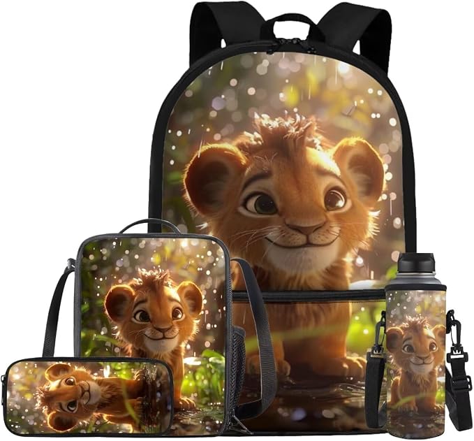 Lion Backpack for Kids Girls Backpack with Lunch Box Water Bottle Holder and Soft Pencil Pouch 4PCS Set Cute Bookbag with Front Pocket 17 inch Large School Bag for Boys Back to School Supplies by ELEDIZI