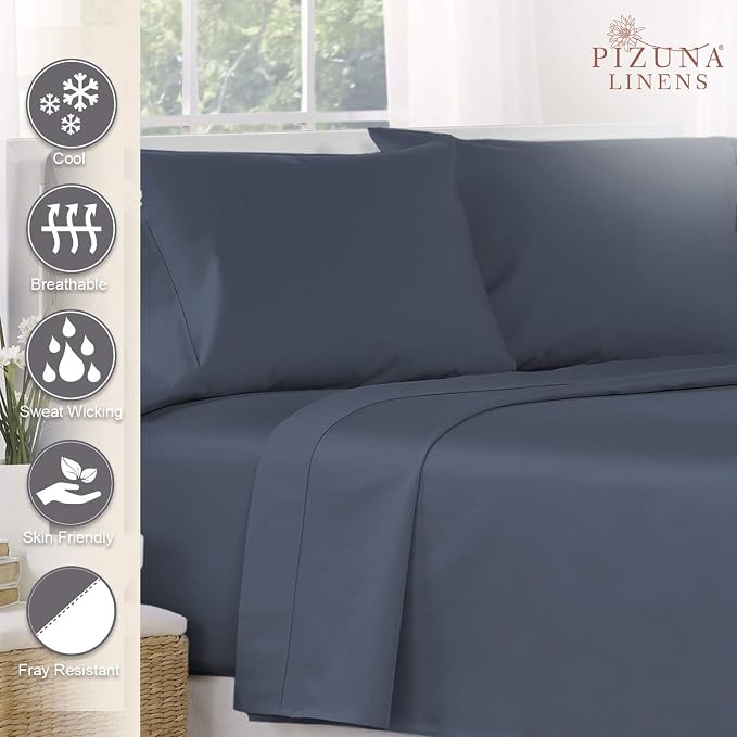 Pizuna Pure 100% Cotton Flat Sheets Only Full Dark Blue (1 PC), Luxurious 400 Thread Count Long Staple Cotton Sateen with 4" Hem (Combed Full Flat Sheet Only Cotton) - Image 2
