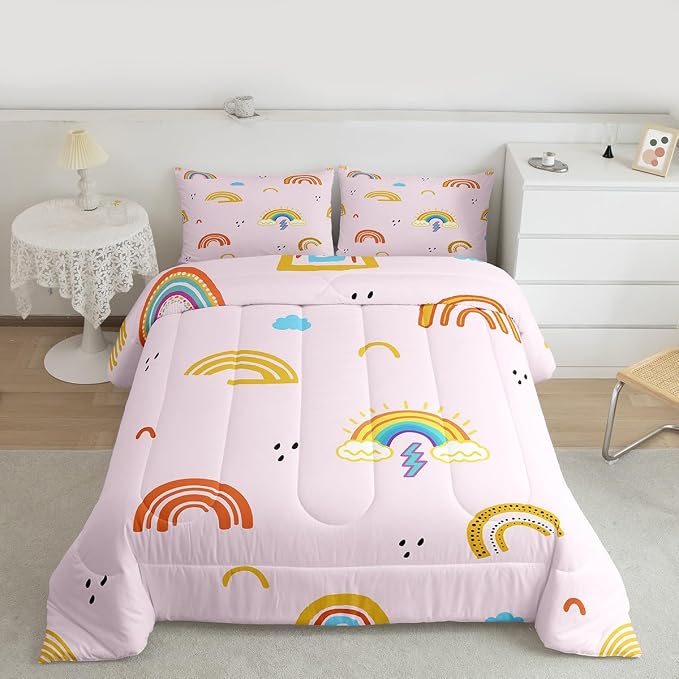Rainbow Twin Comforter Sets For Girls, Kawaii Cartoon Cloud Duvet Insert, Girly Iridescent Down Comforter With 1 Pillow Case Hand Drawn Rainbow Quilt For Kids Boys Children Women Bedroom, Pink - Image 3
