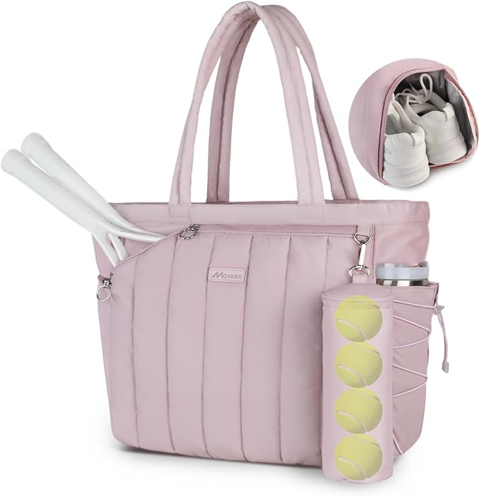 Quilted Tennis Tote Bag for Women Gym Duffle Bag with Shoe Compartment & Wet Pocket Fits 2-4 Rackets and 15.6" Laptop Overnight Weekend Sports Bag with Fence Hook(Large size) by Movker