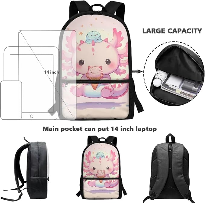 Axolotl Backpack for Girls 8-10 with Lunch Box Ice Cream Backpacks and Lunchboxes + Insulated Water Bottle Pouch Holder + Pencil Case Kawaii Bookbag Lunch Bag - Image 4