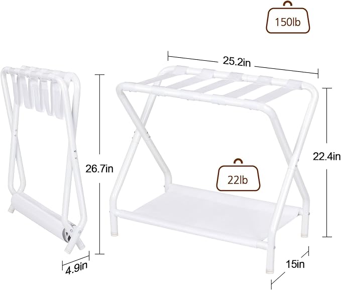 AMHANCIBLE Luggage Rack, Set of 2, Foldable Suitcase Stands for Guest Room, Metal Luggage Holder with Storage Shelf for Bedroom, Hotel, Easy Assemble, White HLR02WT - Image 4