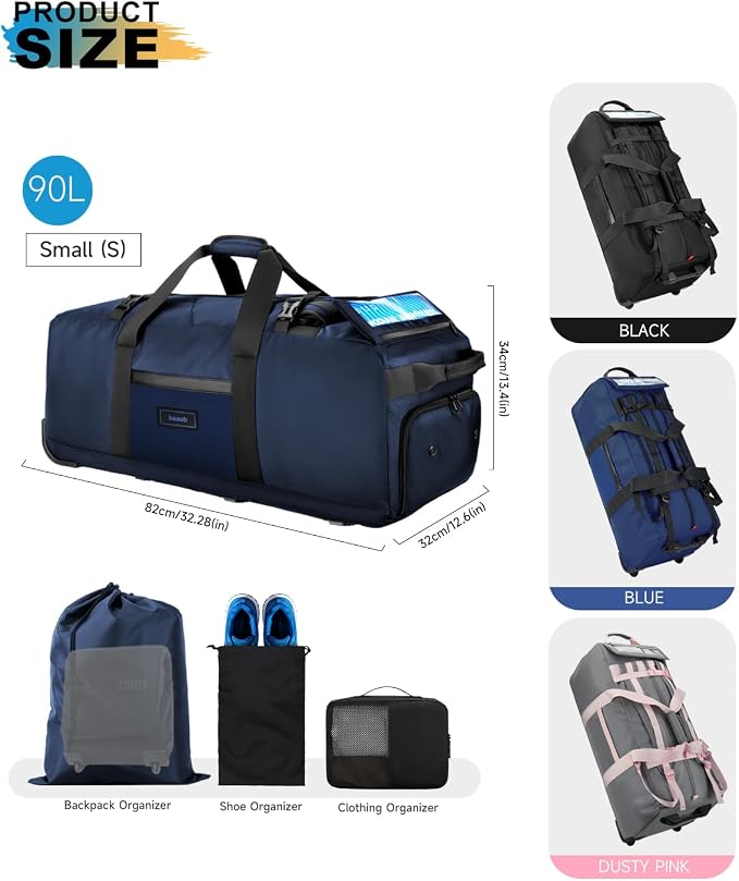 Foldable 90L Rolling Duffle Bag with Wheels | Large Travel Duffle Backpack with Shoes Compartment Waterproof Bag for Women, Men, Hospital, Weekend & Overnight Trips, Moving | Includes 3 Packing Cubes - Image 4