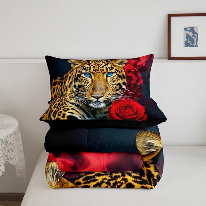 Erosebridal Leopard Bedding Set, Red Rose Cheetah Comforter Set Twin Size for Kids Teens Adult Women Bedroom, African Safari Animal Duvet Sets Romantic Flower Down Comforter, Brown - Image 7