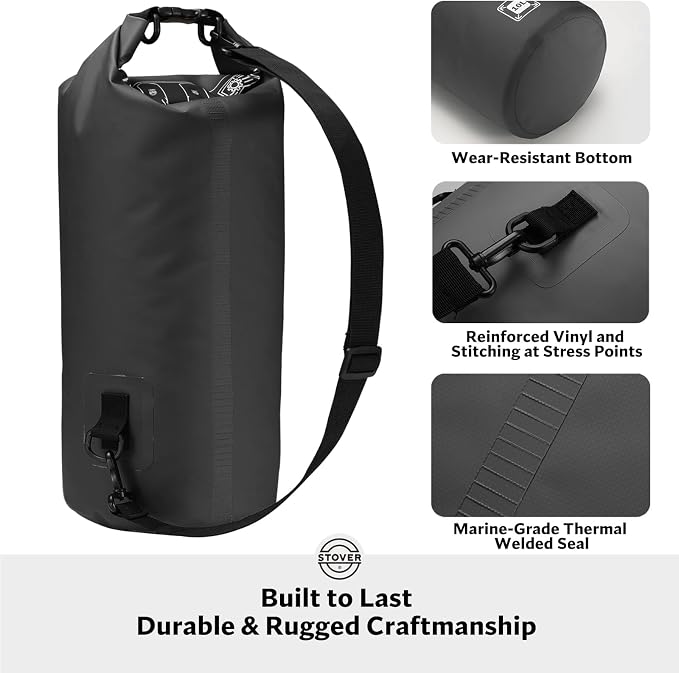 STOVER 5/10/25/30/40L Waterproof Dry Bag, Medium Lightweight Roll Top Dry Bag Backpack w/Waterproof Phone Case, Kayaking, Travel, Hiking, Fishing, Tubing, Camping, the Beach, Men/Women (Black) - Image 3