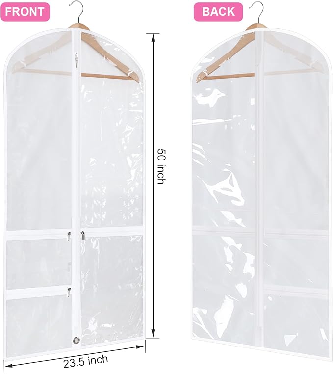 6 Pcs 24'' x 50'' Clear PVC Garment Bag Dance Costume Competition Bag with Rack Zippers Pockets Hanging Garment Covers Costume Organizer Costume Carrier for Adults Kids(White) - Image 2