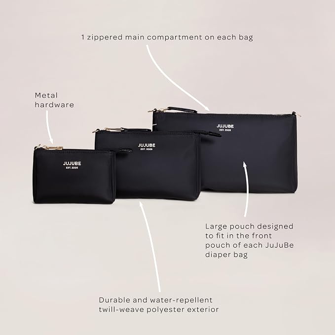 JuJuBe New 3-Piece Pouch Set, Diaper Bag Organizing Pouches, Convertible to Small Purse with Crossbody Strap, Zipper Cosmetic or Makeup Pouch, Large, Medium, and Small, Black - Image 4
