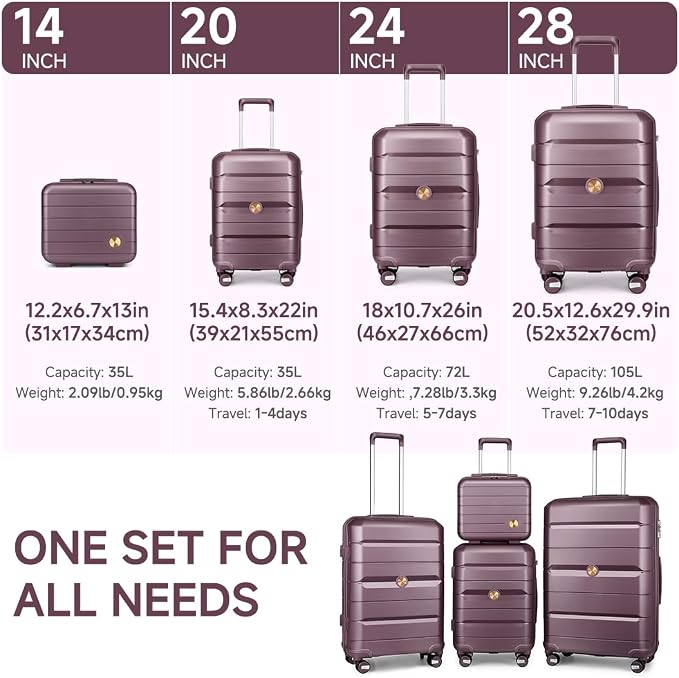 Somago Luggage Sets 4 Piece Lightweight Hardside Polypropylene Travel Suitcases with Double Spinner Wheels and TSA Lock,Elegant Purple - Image 4