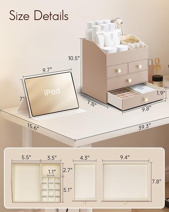 VLANDO Makeup Organizer,Vanity Organizer with Drawers, PU Leather Skincare Organizer Perfume Organizer,Large Cosmetic Display Case for Lipstick,Brushes Gifts for Women, Toffee, 4 Layer - Image 3
