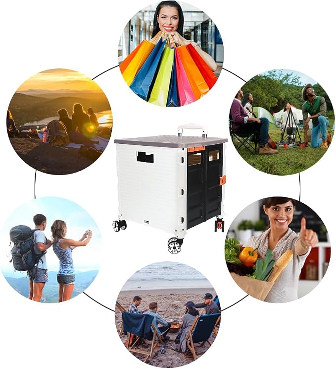 FELICON SELORSS Foldable Utility Cart Folding Portable Rolling Crate-White | Durable,Heavy Duty,Plastic Box,Telescoping Handle,4 Rotate Wheels,Collapsible Handcart for Travel Shop Move Luggage Office - Image 6