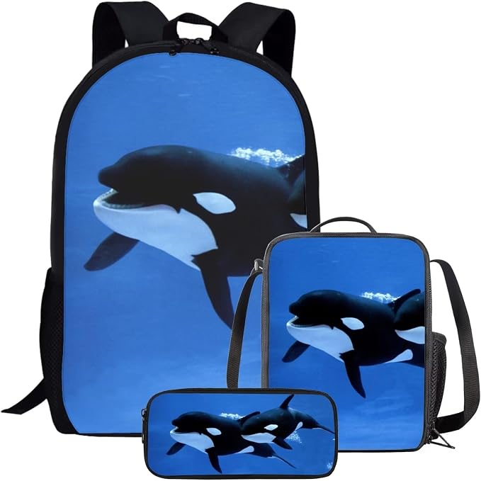 Kids Novelty Animal Backpack and Lunch Box for Boys Girls Student Lightweight 17 Inch School Blue Killer Whale Orca Backpack with Lunch Bag Pencil Case Kids Comfy Padded Large Bookbag by Parprinty