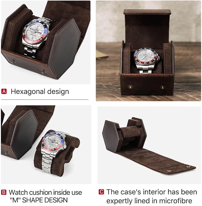 Hiram Genuine Leather Hexagon Watch Roll Travel Case, Leather 1-Watches Roll Case with Removable Pillow Cushion for Treasured Watches and Bracelets - Image 6