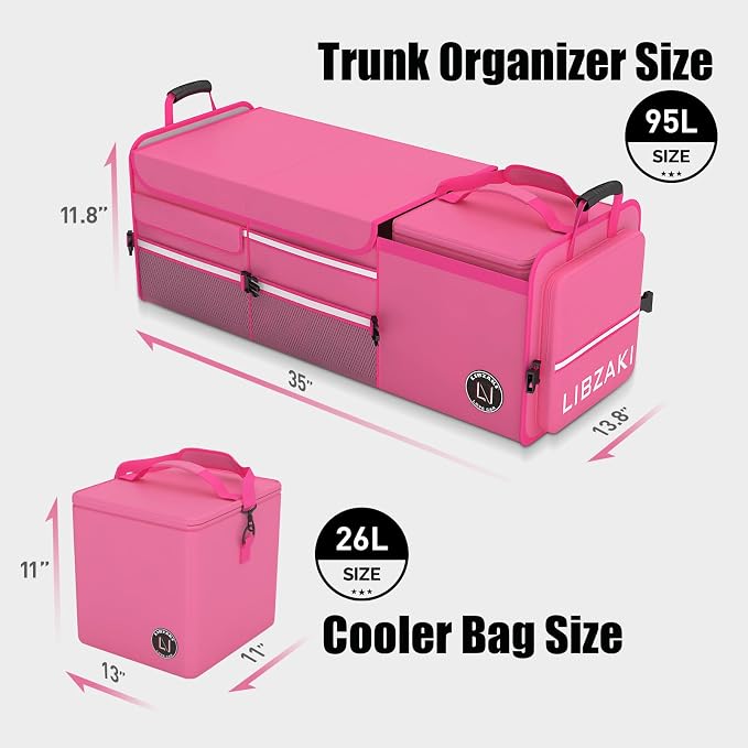 LIBZAKI Oversize 4 in 1 Car Trunk Storage Organizer, Multi Compartment Collapsible Trunk Storage Box with Cooler Bag for Car Truck SUV-Rose red - Image 6