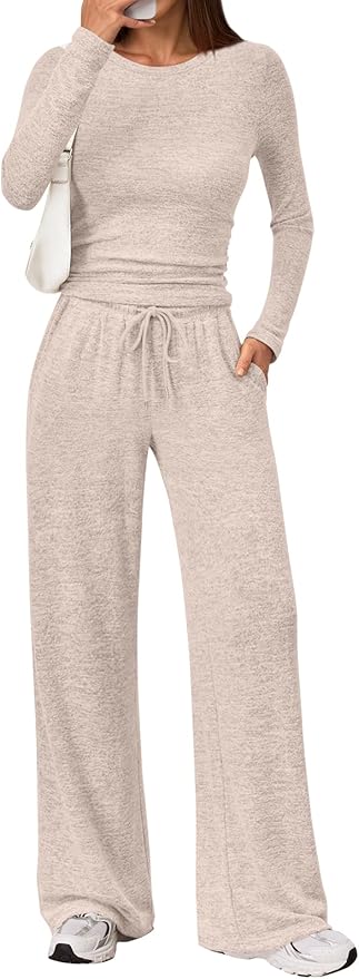 LILLUSORY Womens 2 Piece Matching Lounge Sets 2026 Fall Fashion Outfits | Long Sleeve Top & Drawstring Wide Leg Pants with Pockets, Workout Gym Comfort Sweat Suit, Travel Airport Vacation Clothing by Lillusory