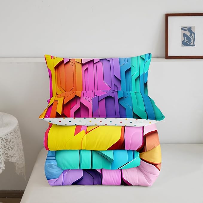 Erosebridal Rainbow Comforter Set Geometric Stripes Duvet Sets for Kids Girls Teens Women Bedroom, Soft Microfiber Down Comforter Luxury All-Season Bedding Set 3 Pcs with 2 Pillow Cases, Queen Size - Image 6