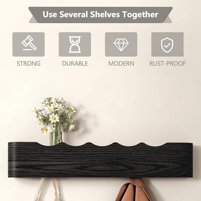 Wall Mounted Coat Rack with Shelf, Wooden Entryway Organizer with Hidden Metal Hooks for Hanging Coats Bags Keys, Modern Floating Shelf for Hallway Bathroom - Image 3