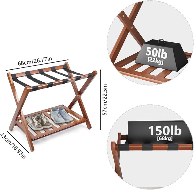 Smuxee Fully Assembled Walnut Luggage Rack, Upgraded Bamboo Foldable Suitcase Stand with 5 Nylon Straps, Luggage Holder with Shelf for Guest Room Bedroom Hotel - Image 6