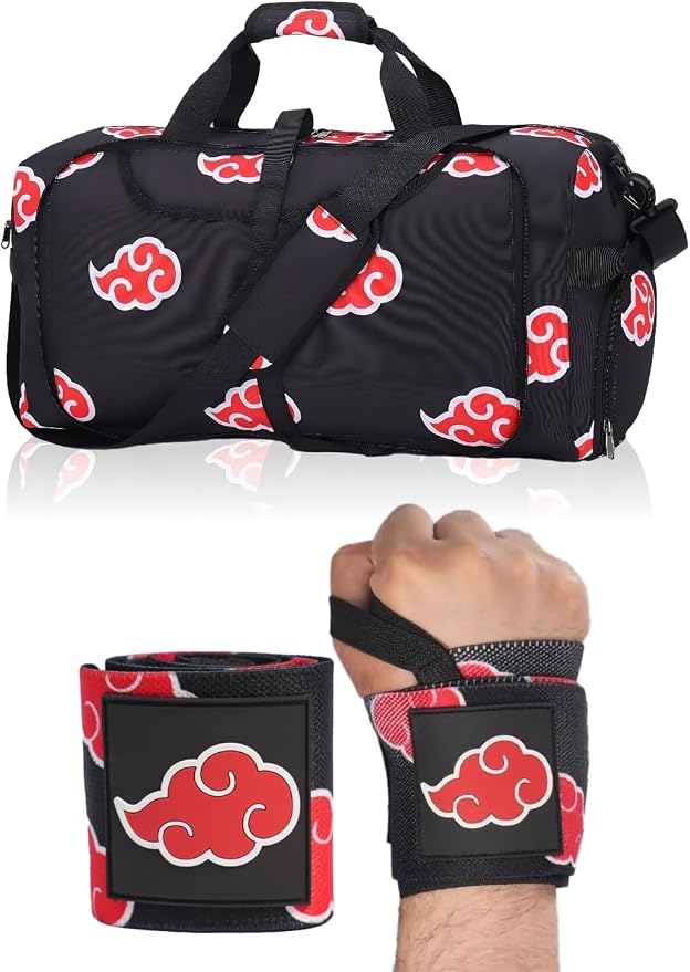 2pcs Anime Gym Bag for Women Men and Wrist Wrap Set - Foldable 55L Large Workout Duffle Bag with Shoe Compartment, 24" Lifting Straps Weightlifting, Powerlifting, and Improve Workout (Akat) by CrownLimitedSupply