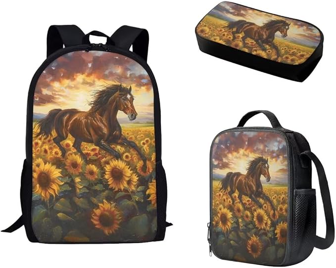 Mumeson Cool Horse Sunflower Backpack Schoolbag Student Rucksack for Girl Boys Backpack Large Capacity Organizer Book Bags with Insulated Thermal Lunch Bag Small Pencase by Mumeson