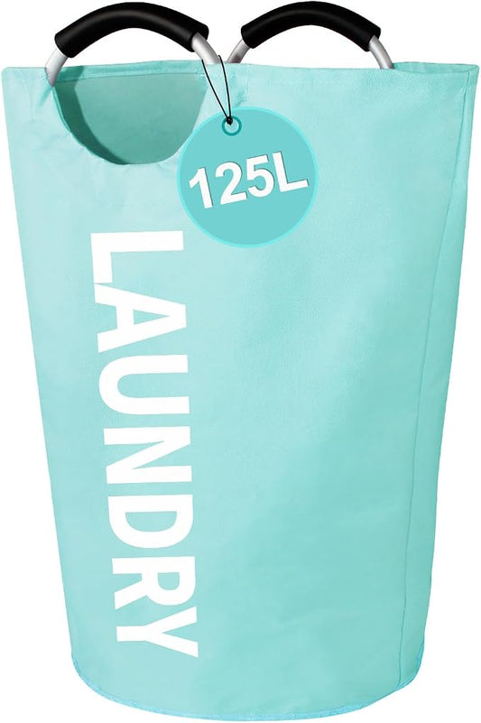 WOOHA 125L Large laundry basket,Collapsible laundry hamper, Tall Clothes Baskets Folding Washing Bin Foldable Fabric Hamper Bags for Bedroom, Closet,Bathroom,College,laundry bag,lightblue by WOOHA