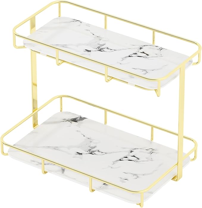Bathroom Organizer Countertop Perfume Organizer Makeup Organizer Cosmetics Storage Display Rack Vanity Tray Dresser Stainless Steel Gold Shelf White Marble Ceramic Tray - Image 4