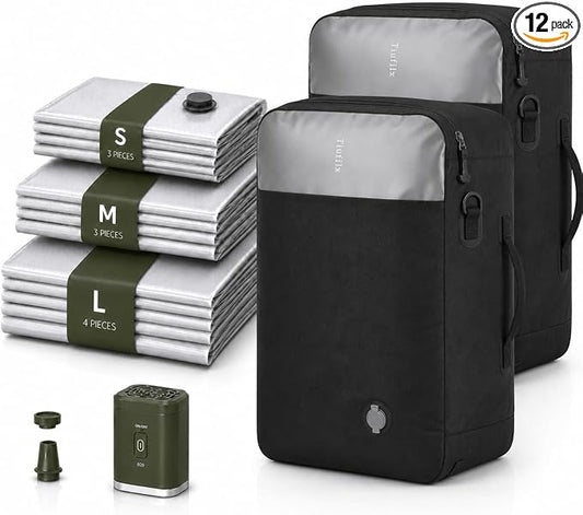 12 Travel Vacuum Bags with Pump for Travel Camping Sports Business TPU&PAPE Space Saver 2 Pack Storage with Portable Air Pump, Compression Packing for Clothes, Luggage, Suitcases - Black 48L by Unknown