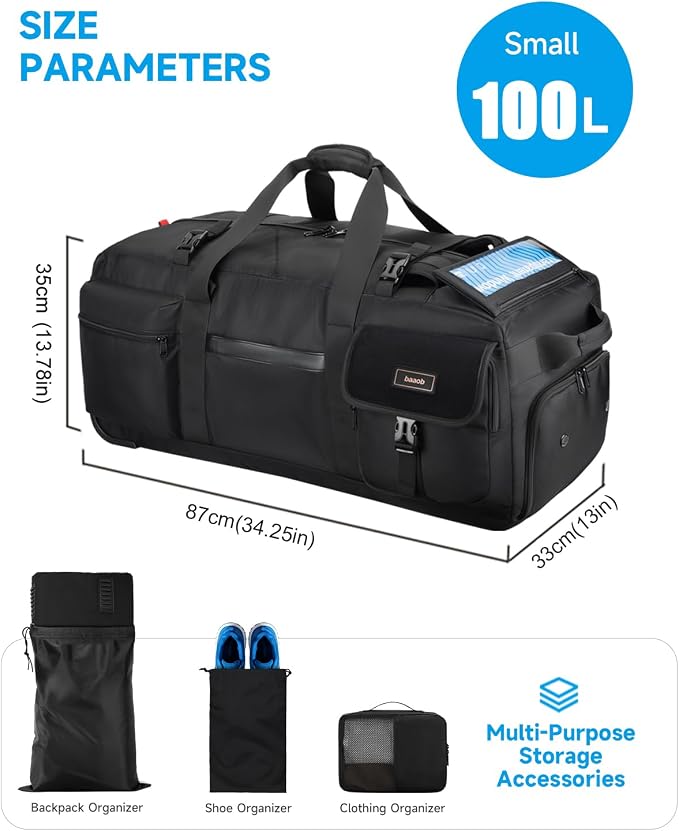 100L Rolling Duffel Bag with Wheels, Foldable Extra Large Travel Duffle Backpack, Heavy Duty Luggage Bag with Shoe Compartment for Moving, Camping, College Move-In, Hospital, Sports Gear - Image 4