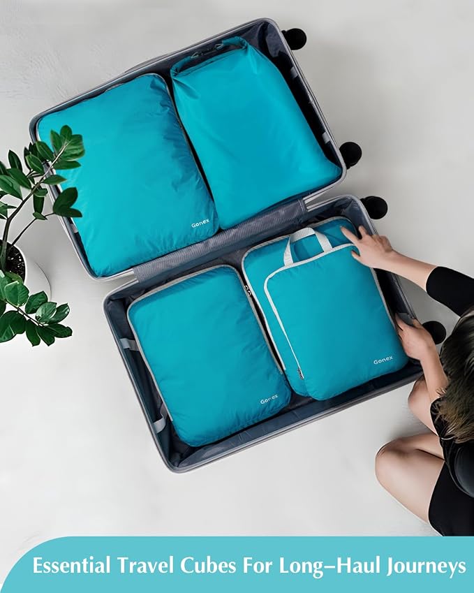 Gonex Compression Packing Cubes, 5pcs Expandable Storage Travel Luggage Bags Organizers with Laundry Bag (Blue) - Image 9