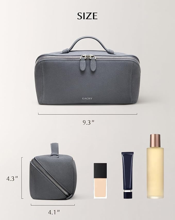EACHY Leather Makeup Bag, Portable 180° Wide-Open Flat Cosmetic Bag for Women, Large Capacity Make Up Organizer Makeup Pouch with Divider and Handle - Image 7