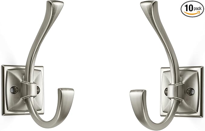 Large Wall Hook Pack, Brushed Satin Nickel, 4.35 Inch Double Robe and Coat Hooks, Towel and Bag Hangers, Wall Mounted with Screws by ZAUYX