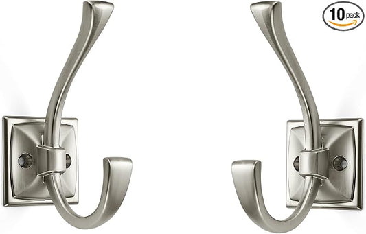 Large Wall Hook Pack, Brushed Satin Nickel, 4.35 Inch Double Robe and Coat Hooks, Towel and Bag Hangers, Wall Mounted with Screws by ZAUYX
