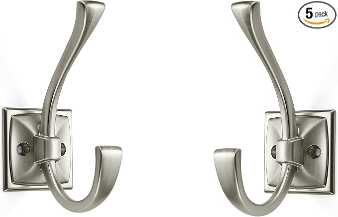 Large Wall Hooks 5 Pack Brushed Satin Nickel Coat Hooks Hardware Towel Hooks for Hanging Coats 4.35 Inch Double Robe Hooks Wall Mounted with Screws for Key, Towel, Bags, Cup, Hat by ZAUYX