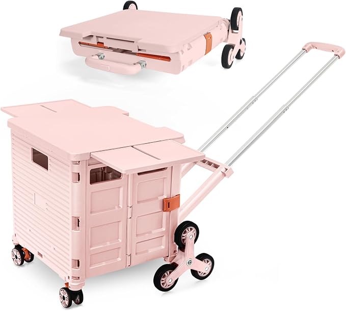 Foldable Utility Cart Portable Crate Rolling Dolly with Telescopic Handle,Can be Pulled diagonally, Magnetic Retractable Lid, 360°Swivel Climbing Wheels for Shopping Carrying Groceries Move Pink by FELICON
