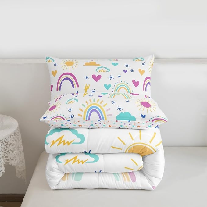 Erosebridal Rainbow Comforter Set, Sun Cloud Stars Duvet Insert King Size Hand Drawn Iridescent Duvet Sets, Love Heart Cartoon Quilted Duvet for Kids Girls Boys Children Women Bedroom Decor - Image 7
