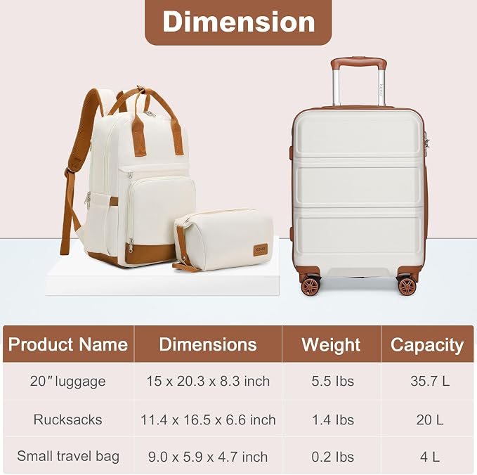 Kono Luggage Set 3 Piece Carry On Hardside Luggage with Spinner Wheels | Lightweight PC+ABS Carry On Suitcase with TSA Lock Cream White - Image 5