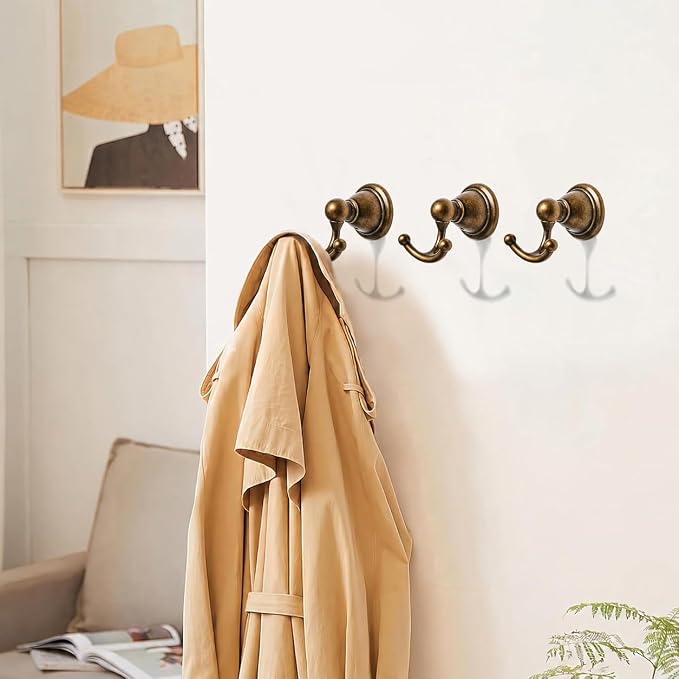 khtumeware 2 Pack Antique Brass Robe Hooks Wall-Mounted Heavy-Duty Towel Hooks, Zinc Alloy Bathroom Coat Hooks and Suitable for Hanging Towels, Bathrobes, Clothes, Hats and Bags. - Image 3