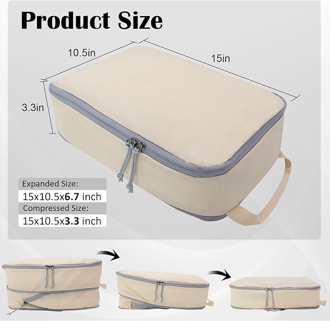 Large Compression Packing Cubes for Travel, 2 Set Compression Bags Travel Cubes for Packing Suitcase Luggage Organizer, Beige - Image 2