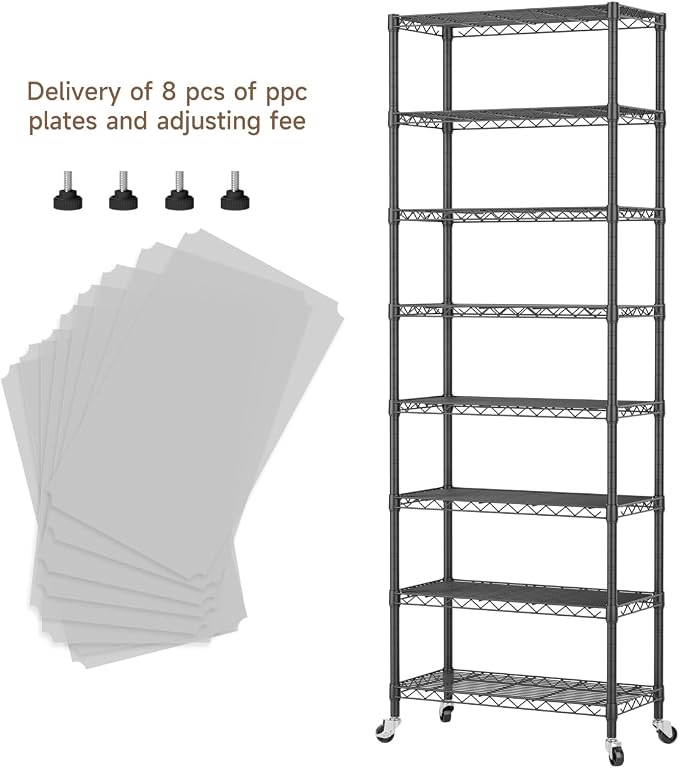 Golpart 8 Tier Shelves Storage Shelf Wire Closet Bathroom Organizers Metal Pantry Kitchen Garage Shelving Unit Laundry Room Organization Home Rack Net Basket Black with Wheels 12”D X 22”W X 74.2”H - Image 5