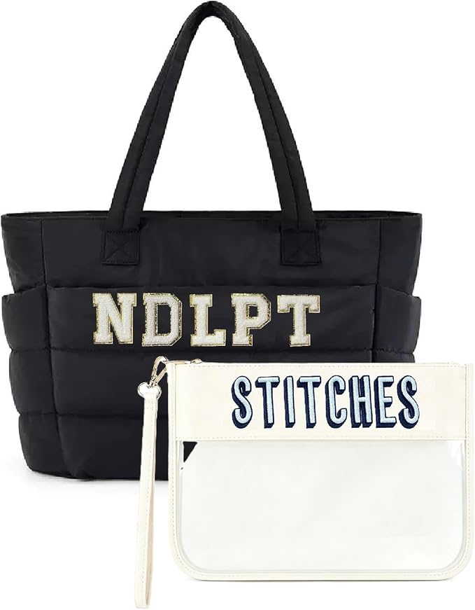 Needlepoint Tote Bag with Clear Zipper Pouch — Puffy Craft Organizer-Black/Beige | Lightweight puffy taslan tote, 20L | NDLPT Project Bag | Holds 15.6" laptop | Padded compartment | Gift for stitchers by RF+REENFAYA