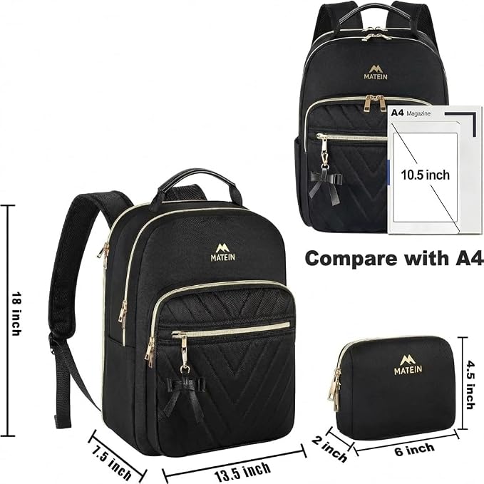 MATEIN Backpack for Women, 17 Inch Fashion Bookbag Purse, 2pcs Sets, Black | Waterproof Fashion Cute Large Daypack, Casual Daily Shoulder Bag, Ladies Teen Girls Handbags for Travel Work School College - Image 4