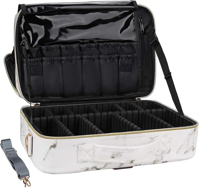 Large Makeup Organizer Bag Travel Train Case Portable Cosmetic Artist Storage Bag with Adjustable Dividers for Cosmetics Makeup Brushes, MARBLE PATTERN, 18 INCH (2 LAYER), Travel Accessories by LACOPINE