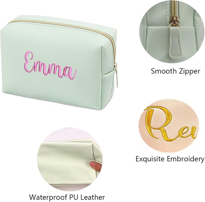 GOPHIE Cusotom Embroidery Travel Makeup Bag Organizer,Cosmetic Bags for Women,Gift For Bachelorette Party,Set of 6,Green - Image 4