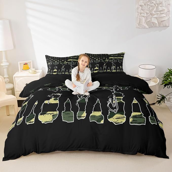 American Flag Duvet Cover Queen for Boy Teen Armygreen Camouflage Bedding Set Adult Men Youth Soldier Silhouettes Comforter Cover Military Style Camo Bedding Collections, 1 Duvet Cover + 2 Pillowcases - Image 2