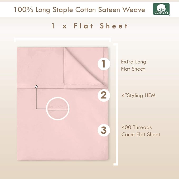 Pizuna Pure 100% Cotton Flat Sheets Only Full Rose (1 PC), Luxurious 400 Thread Count Long Staple Cotton Sateen with 4inch Hem (Combed Full Flat Sheet Only Cotton) - Image 3