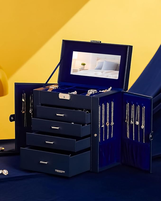 Homde Synthetic Leather Huge Jewelry Box Mirrored Watch Organizer Necklace Ring Earring Storage Lockable Gift Case (Dark Blue + Gold) - Image 8