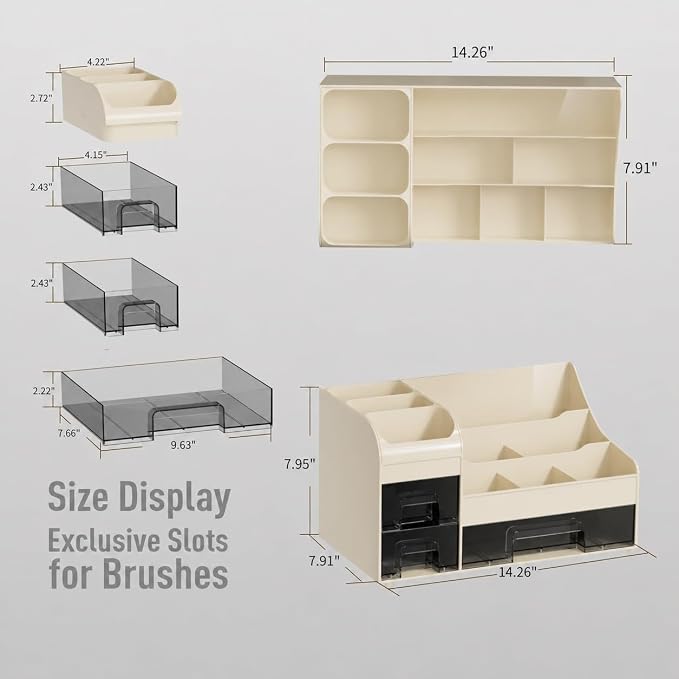 Makeup Organizer with Drawers,Large Cosmetic Storage Box,Countertop Skincare Organizer,ABS Makeup Brush Holder for Bathroom,Desk,Dresser,Multifunctional Beauty Display Case,Cream transparent - Image 5