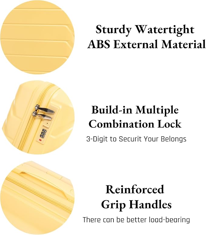 2-Piece ABS Hard Shell Lightweight Carry-On Luggage Set (14" & 20"), 360-Degree Spinner Wheels, Adjustable Telescopic Handle and Combination Lock for Travel, Yellow - Image 7
