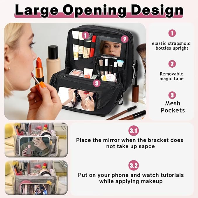 Geerlaqaly standing makeup bag, toiletry Bag 2-in-1 Women's Large Capacity Foldable Travel Makeup Storage Bag, Dry wet separation layer,Portable,khaki - Image 5