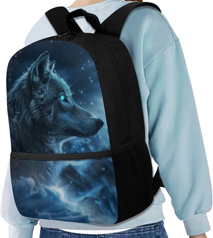 Galaxy Wolf Backpack for Girls Boys Backpack with Lunch Box Water Bottle Pouch and Big Pencil Pouch 4PCS Set Sturdy Bookbag with Front Pocket for School 17 inch Lightweight School Bag for Kids - Image 2